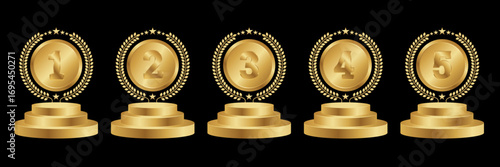 Set of Golden Number Award on Podium Stage. Number Ranking 1 2 3 4 5. Vector Illustration Isolated on White Background. Award, podium ,trophy, badge, emblem, label, vector.