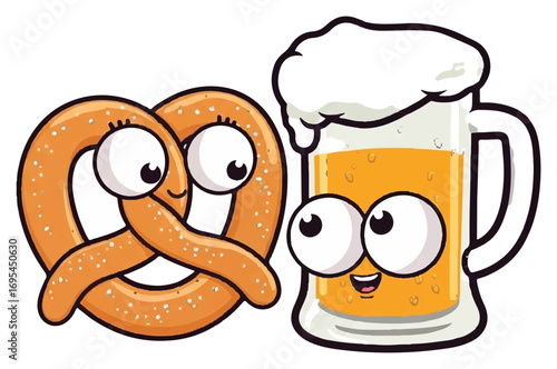 Cartoon illustration of a pretzel with eyes and a beer mug with eyes, smiling.