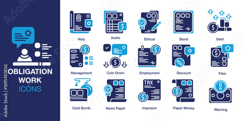 Obligation Work icon set. Containing work, obligation, regulation, job, responsibility, and more. Solid vector icons collection. Vector illustration.