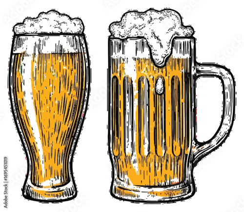 Two glasses of beer with foam, one a pilsner glass and one a mug.