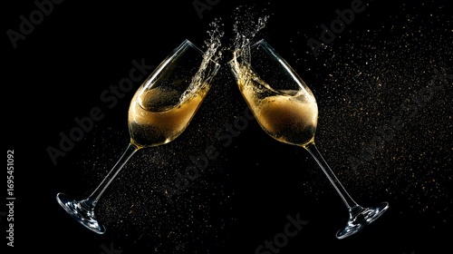 Two champagne glasses capturing the dynamic splash of liquid, illuminated by golden light against a dark gradient backdrop.
