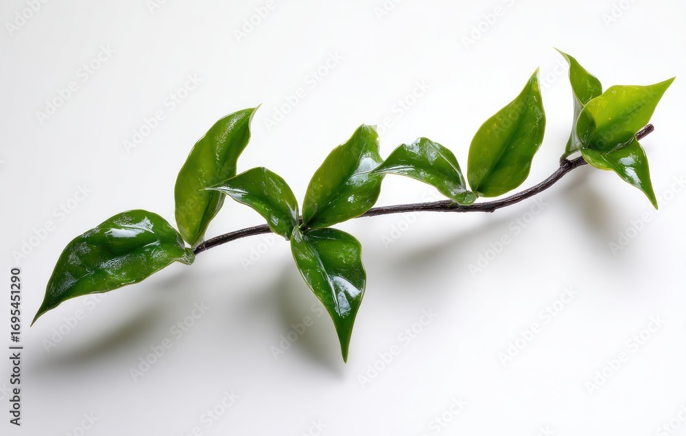 Obraz premium A vibrant green sprig with ovate leaves arranged along a brown stem is centered on a stark white surface, bright and simple composition