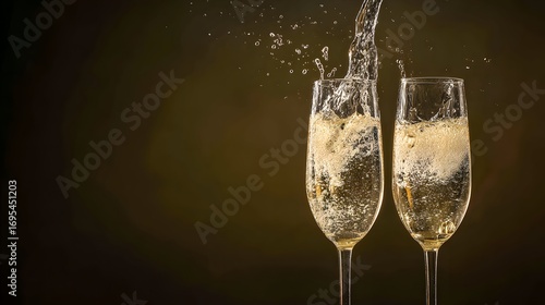 Two champagne glasses capturing the dynamic splash of liquid, illuminated by golden light against a dark gradient backdrop.