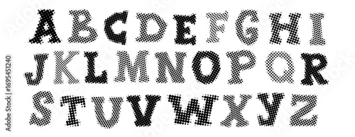 Black halftone alphabet. Retro pixelated uppercase font. Grunge textured dotted abc. Comic pop art style letters. Aged rasterized bitmap English alphabet. Old newspapers typography set. Vector