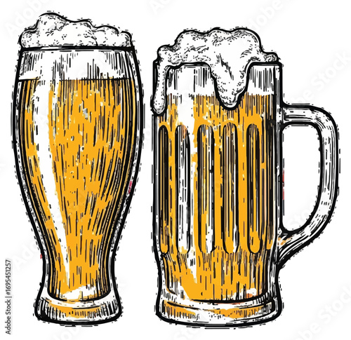Two glasses of beer, one a traditional beer mug, the other a stemmed glass, both filled with frothy light-colored beer.