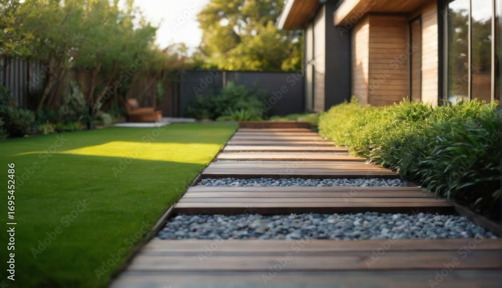 Fototapeta premium Serene modern garden with wooden walkway, lush greenery, and modern house facade under clear blue sky.