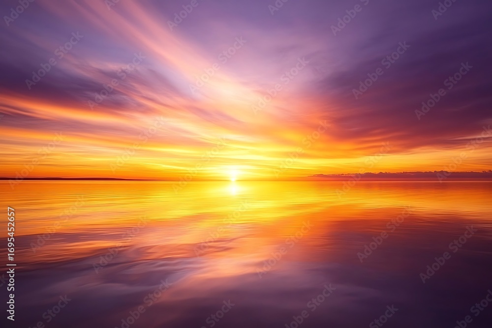 Obraz premium Sunrise Over Water with Golden Reflections and Violet Sky with Clouds Pattern