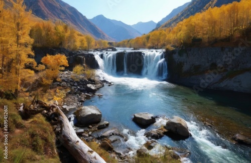 Majestic mountain waterfall landscape with flowing river, fall foliage, snowcapped peaks, and tranquil atmosphere