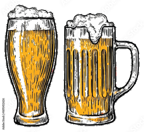 Two mugs of beer with frothy heads, illustration.