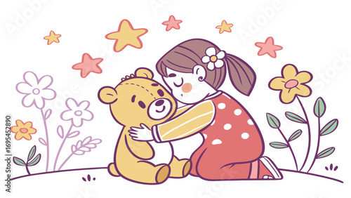 Little girl hugging a teddy bear