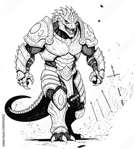 Anthropomorphic armored lizard warrior in combat.