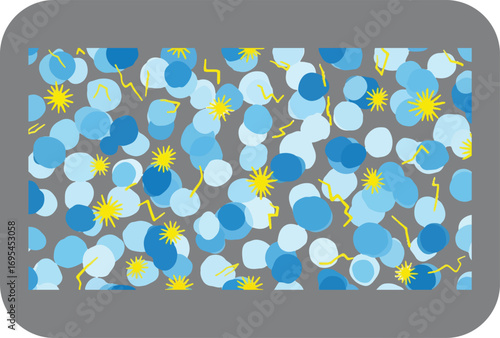 A whimsical scattering of blue and white circles interspersed with bright yellow suns and crescent moons creating a playful and abstract celestial pattern