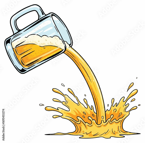 A frothy mug of golden beer is being poured, creating a dynamic splash of liquid.