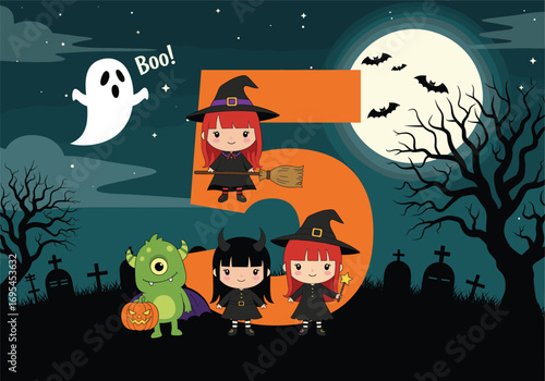 Halloween number five with cute kids in costumes, witches, devil, green monster, ghost, spooky graveyard scene, bats, full moon, CAD drawing flat vector illustration