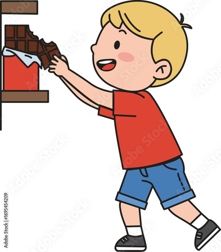 Cartoon Boy Reaching for Chocolate Bar on Shelf Smiling with Excitement.