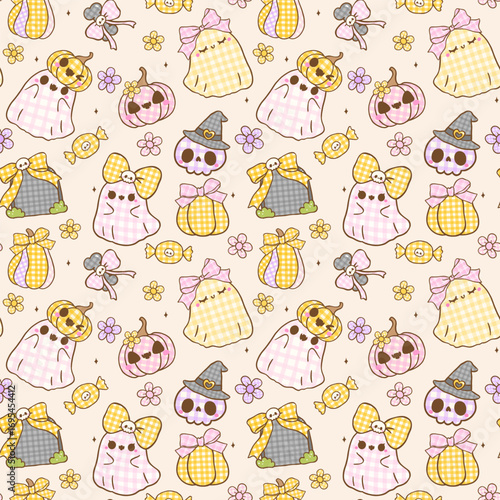 Kawaii Coquette Gingham Halloween Seamless Pattern Spooky Ghost Wallpaper printable