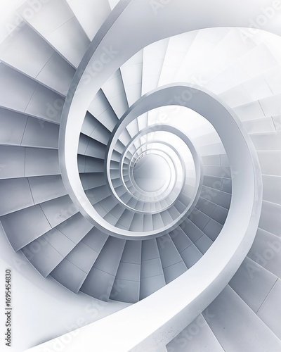 Modern white spiral staircase viewed from the top. Abstract architectural background symbolizing infinity, progress, and futurism.