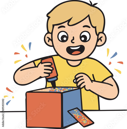 Boy crafting a box with glue and colorful confetti.