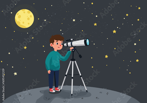 Cartoon child stargazing on moon surface, telescope under starry night sky, astronomy exploration, space observation, cosmic adventure, educational science illustration, whimsical art