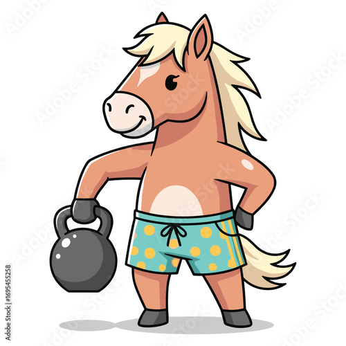 Cartoon Horse Character Lifting Kettlebell Weight Training Fitness Mascot Illustration
