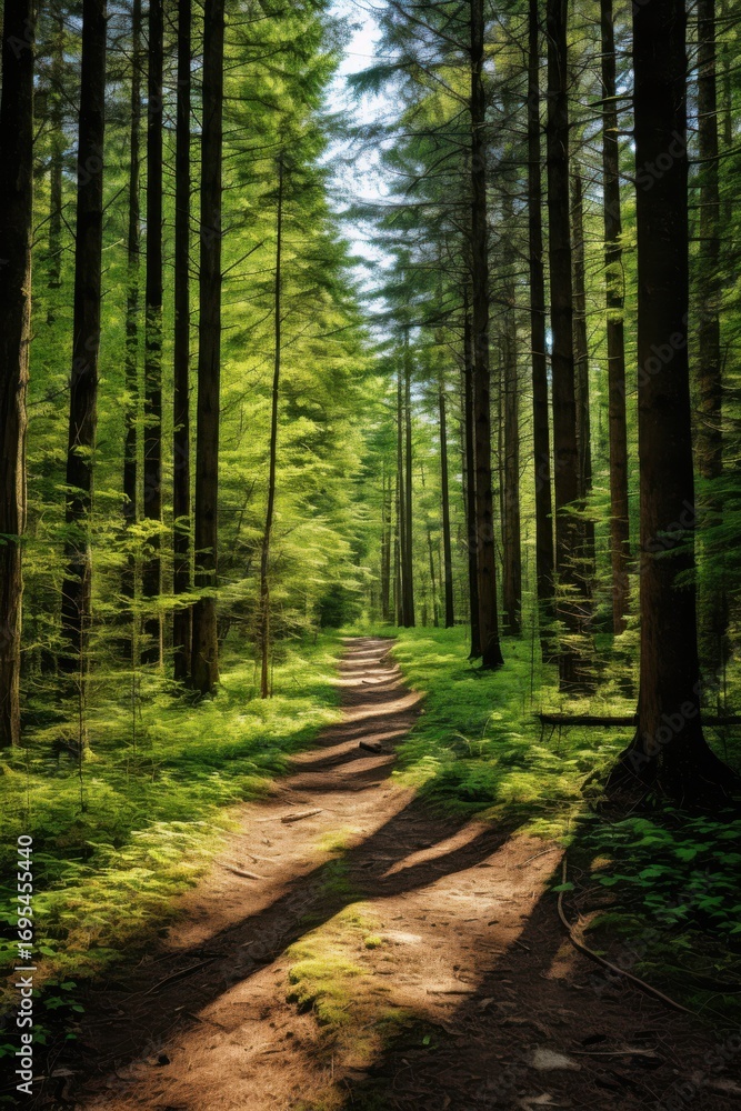 Obraz premium Winding forest path through sunlit towering trees trail