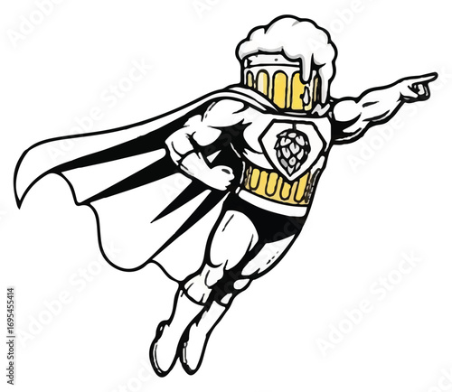A superhero character with a beer mug for a head, wearing a cape and flying, pointing to the right.