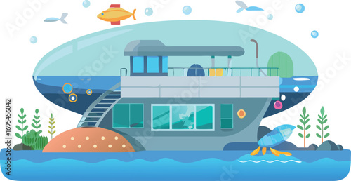 A houseboat with a prominent fish tank on the side, blending aquatic aesthetics with a cozy living space on water.