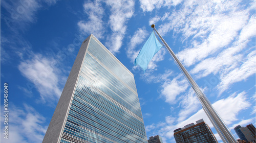 United Nations Headquarters with Blue Flag on UN Day