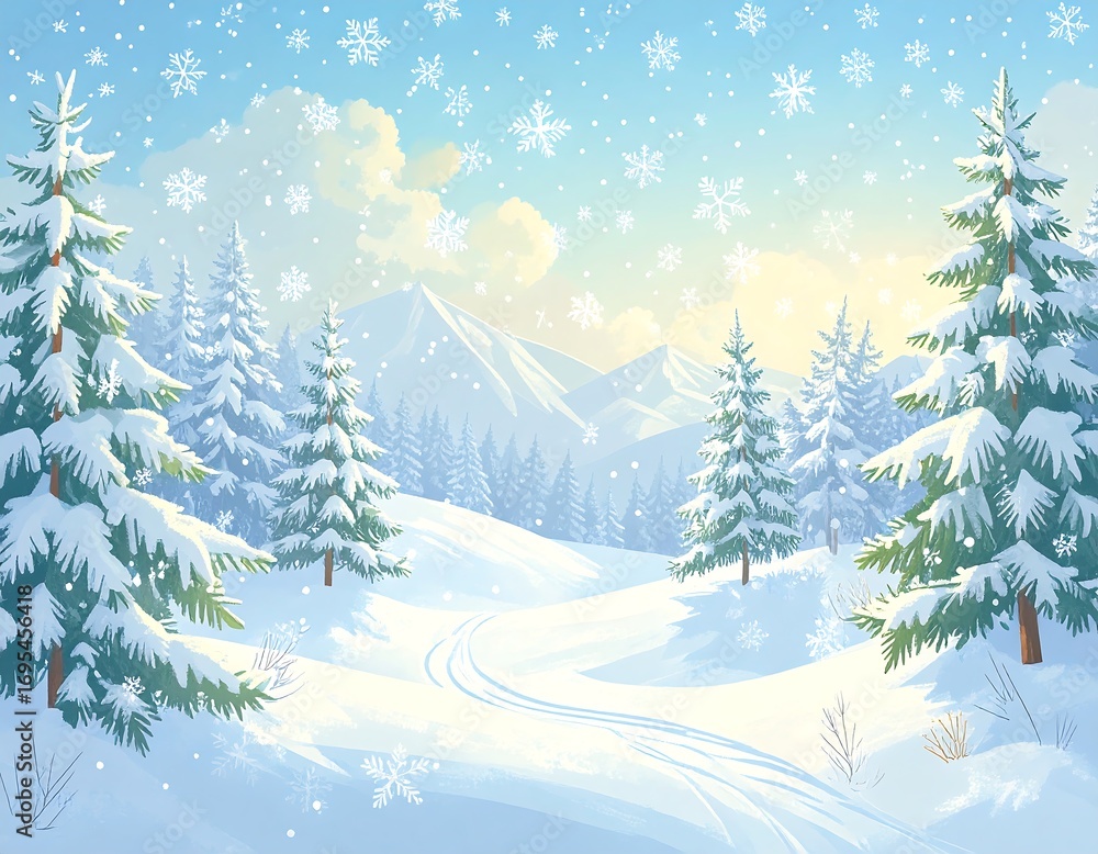 Fototapeta premium Snowy mountain landscape with fir trees