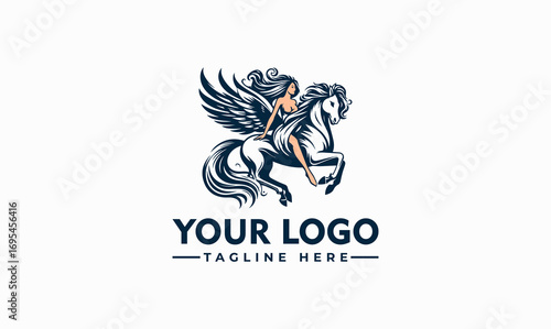 Elegant woman riding a winged horse, a logo design featuring mythical creatures.