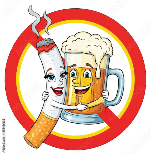 Cartoon cigarette and beer mug in a prohibition sign.