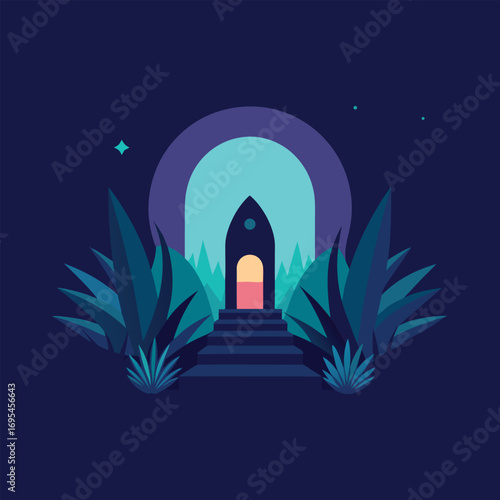 A shadowy backdrop with a door framed by lush plants, evoking a sense of intrigue and natural beauty.