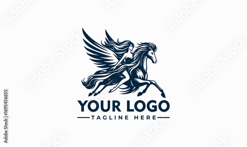 A stylized logo featuring a winged horse with a woman rider, in a vintage graphic design style.