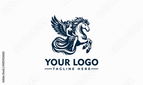 Elegant logo design featuring a winged horse and a woman, symbolizing grace, power, and freedom.