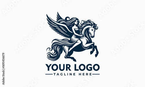 A mythical woman with flowing hair rides a winged horse, soaring through the air.
