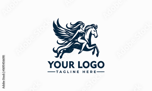 Graphic logo depicting a woman riding a winged horse, Pegasus, in a stylized, dark blue design.