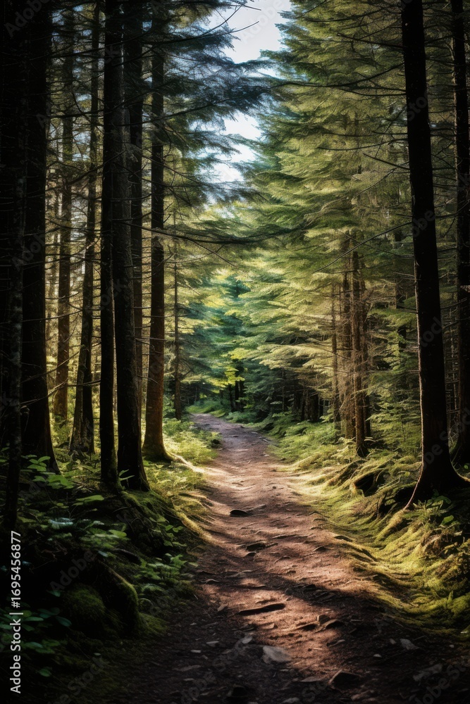 Naklejka premium Forest path winding through sunlit trees green sunlight