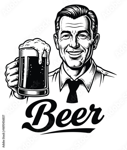 A smiling retro-style man in a shirt and tie holds up a frothy mug of beer in a black and white illustration.
