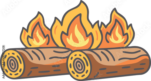Vector illustration of a campfire icon, depicting flames rising from a pile of logs, representing outdoor activities.
