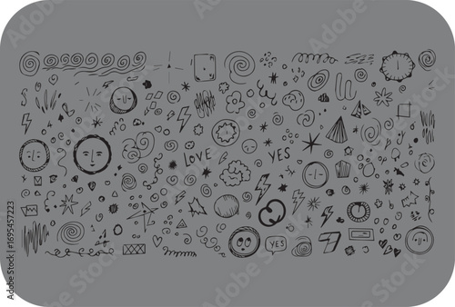 Intricate collage of hand drawn celestial and astronomical symbols and icons on a textured gray background