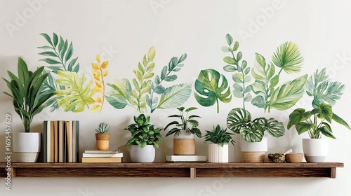 A collection of potted plants and decorative wall decals of leaves arranged on a shelf against a white wall.
