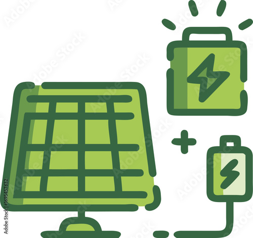 A green solar panel sits next to a battery, illustrating a sustainable energy solution in a linear arrangement.