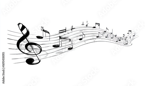 Black music notes floating on wavy lines, with a prominent treble clef, set against a stark white background