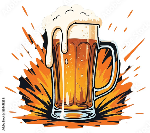 Illustration of a tall beer mug overflowing with foamy head, set against an orange burst.