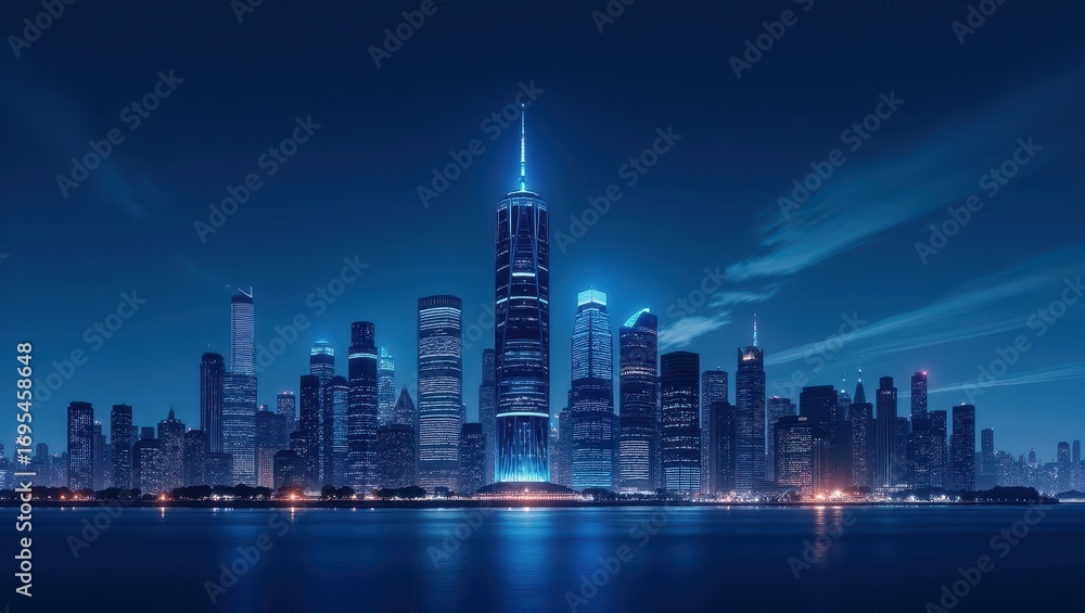 Obraz premium A nighttime cityscape panorama showcases a metropolis's illuminated skyscrapers reflecting on the tranquil water's surface, bathed in a cool, deep blue hue.