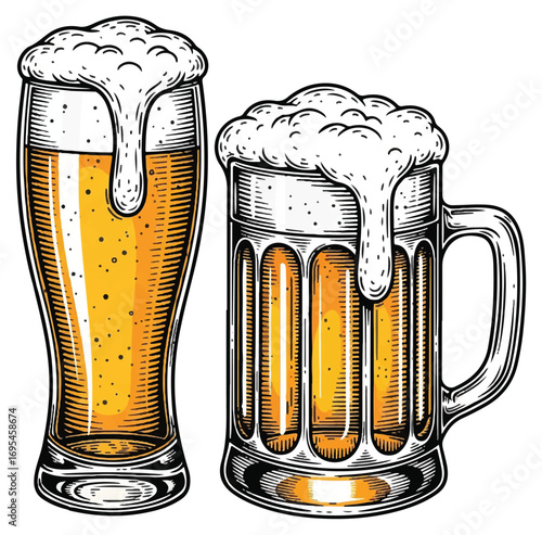 Two glasses of beer, one tall and one with a handle, filled with light yellow liquid and topped with foamy head.