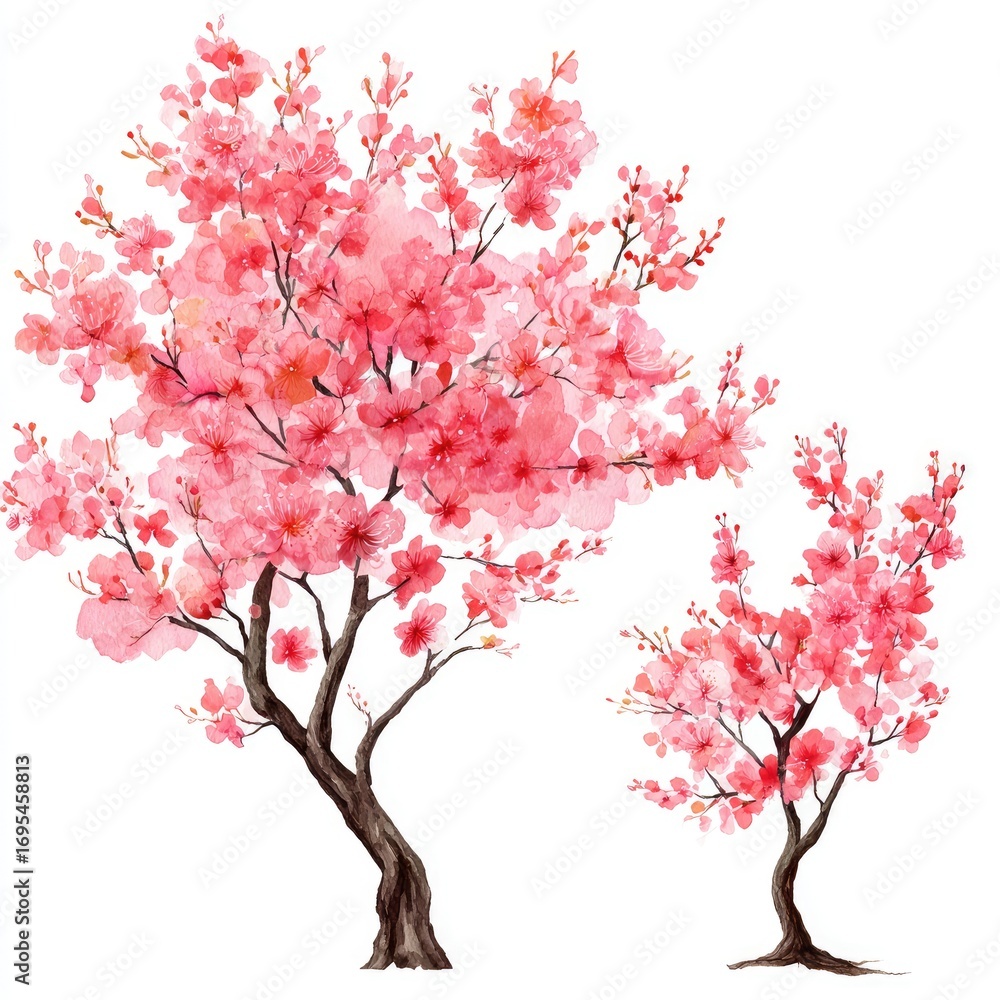 Fototapeta premium Two cherry blossom trees in soft pink watercolor style