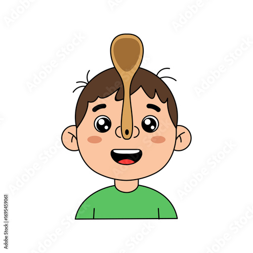 Cartoon Boy Balancing Wooden Spoon on Nose Smiling with Brown Hair.