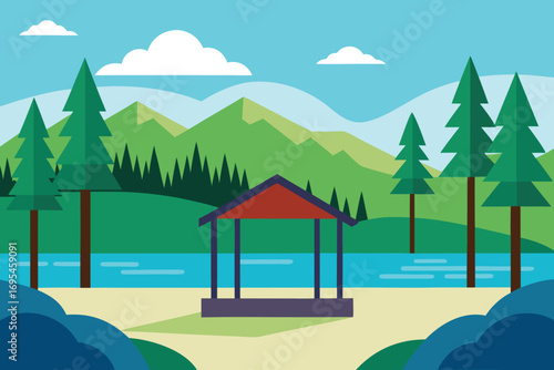 A picturesque campground with a gazebo nestled among tall trees, providing a peaceful retreat in nature.