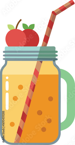 Apple smoothie in a glass with a straw, featuring a vector image of an apple next to it.